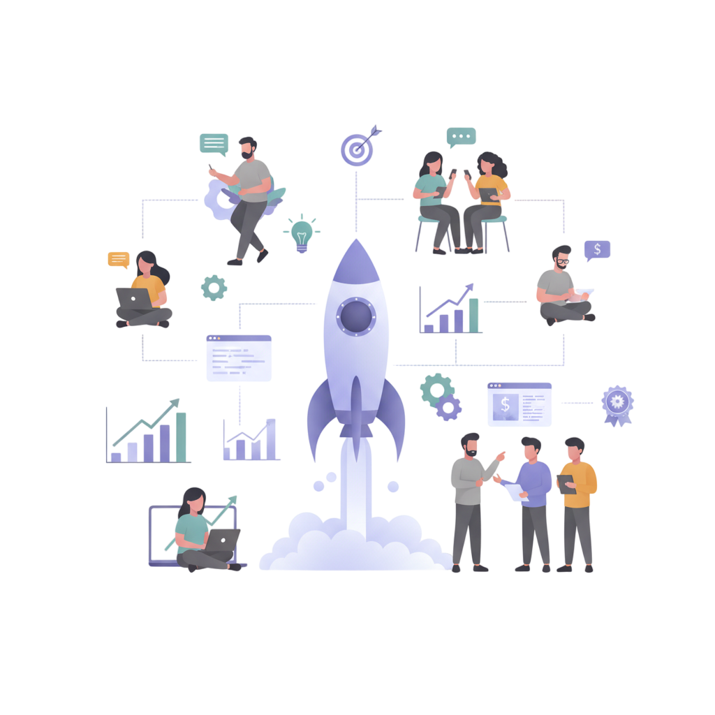 Tech workspace and growth chart illustration